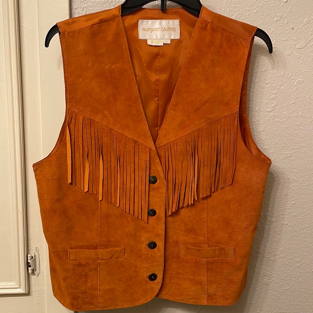 Margaret Godfrey orange leather fringe vest